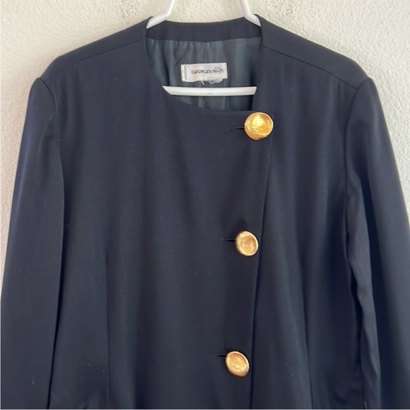Vintage 80s George Rech Paris Black Crepe Dress Matte Goldtone Buttons Midi sz M - Picture 10 of 13